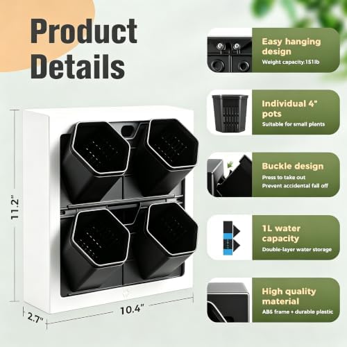 Wall-Mounted Planters Indoor, Living Wall Planter with 4 Pots - Vertical Planter Wall & Hanging Planter for Home, Office, Balcony or Shop No Assembly Required (White) - Image 2