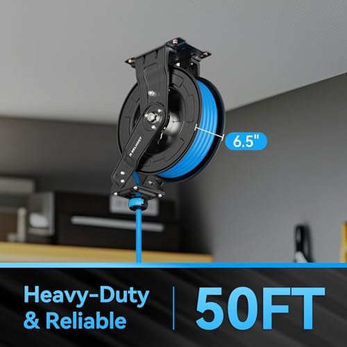 Retractable Air Hose Reel Dual Arms, 50 ft x 3/8 in Hybrid Air Hose Max 300PSI, Heavy Duty Air Compressor Hose Reel, Auto Rewind, Ceiling/Wall Mount for Garage, Workshop, Home Studio - Image 3