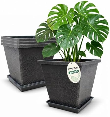 Usocik 10 Inch Square Planter Pots with Saucers, Coffee Brown, 4 Pack by Usocik