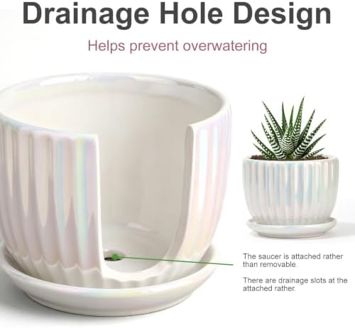 Plant Pots,Ceramic Flower Pots with Drainage Holes & Saucer Set of 3（Pearl） - Image 4