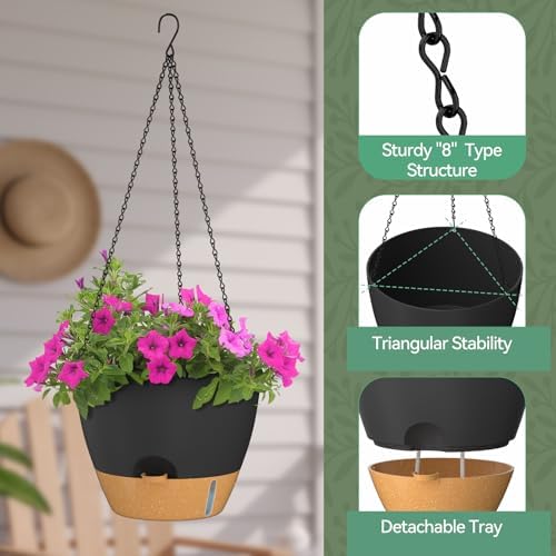 ZMTECH 12 Inch Large Self Watering Hanging Planters for Indoor Outdoor Plants - Water Level Indicator & Removable 60 Oz Reservoir, 1 Pack Plastic Hanging Basket for Window Porch Garden Balcony, Black - Image 6