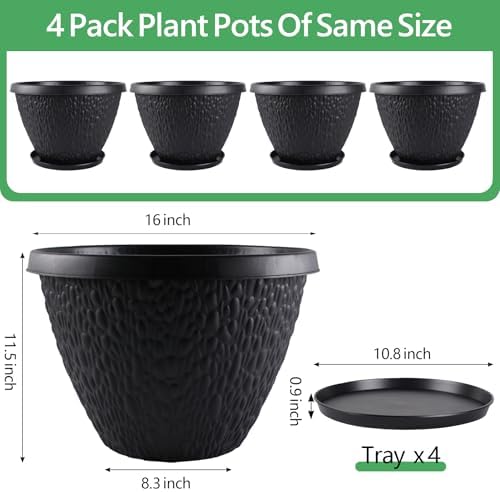 Nooulap 16 inch Plant Pots, Large Outdoor Planters, 4 Pack, Black - Image 2