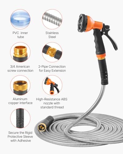 Happybuy Metal Garden Hose 75 ft, Rust Proof Stainless Steel Water Hose, Heavy Duty Backyard Hose with 10 Function Nozzle, No-Kink & Flexible Water Pipe, Lightweight Metal Hose for Yard - Image 2