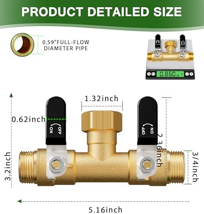 Hose Splitter 2 Way, Heavy Duty Brass Garden Hose Splitter, Water Hose Bib Spigot Splitter with 0.59" Full Flow Ball Valve Outlet & Shut-Off Valve 3/4'' Connector Outdoor Water Faucet Adapter - Image 2