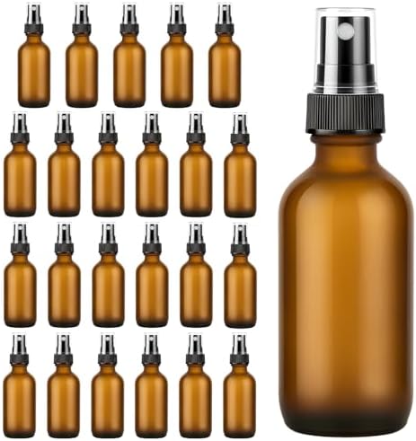24 Pack Amber Frosted Glass Spray Bottles, Refillable Fine Mist Spray Containers for Essential Oils, Cleaning Solutions, Plants, Hair Care & Travel, Leakproof by EASTHOLGLS