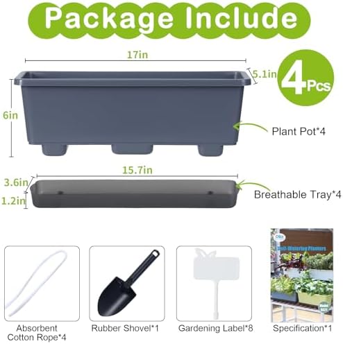 Window Box Planter 4 Packs, 17 Inches Rectangle Flower Pots with Drainage Holes & Trays, Pots for Vegetables, Herbs, Flowers, Garden Windowsill Balcony (Grey, 17 * 5.1 * 6 inch) - Image 5
