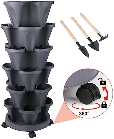 DUNCHATY Stackable Planter, Vertical Strawberry Planter with Garen Tool Set, Self Watering Garden Planter Indoor/Outdoor 7 Tier Herb Planter Pots for Growing Vegetables and Succulents, Dark Gray by DUNCHATY