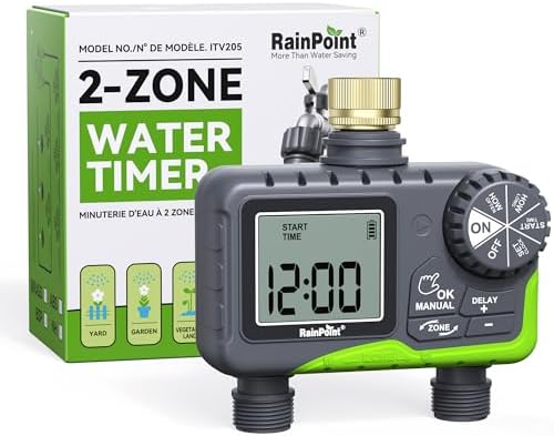 RAINPOINT Sprinkler Timer, 2 Outlets Hose Timer with Brass Inlet with Rain Delay/Manual/Automatic Controller System, Programmable Digital for Lawn Yard (Green, 2 outlets) by RainPoint