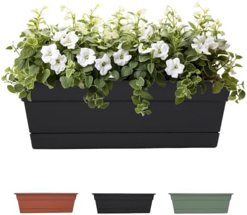 Bloem Dura Cotta Window Box Planter: 24" - Black - with Tray, Weatherproof Resin Box, Removable Tray for Indoor & Outdoor Use, Gardening, 3 Gallon Capacity by Bloem