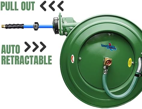 RMX BluSeal Auto Retractable Water Hose Reel with Hot & Cold Water Rubber Garden Hose, Spray Nozzle - Ultra Light, Super Strong with 6' Lead-in Hose (5/8” x 50’ Green) - Image 6
