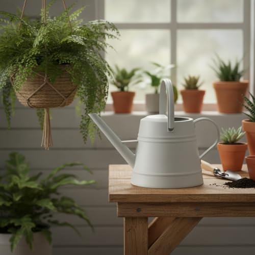 1 Gallon Plastic Watering Can with Long Spout & Dual Handles for Indoor Plants, Hanging Baskets - White, Yellow, Green, Gray - Image 2