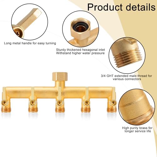 EBH Brass Garden Hose Splitter, 5 Way Outdoor Frostproof Tap Hose Splitter with 5 Individual On/Off Valve and Extended Handle, GHT 3/4-Inch Heavy Duty Hex Female Inlet and 3/4-Inch Male Outlet - Image 3