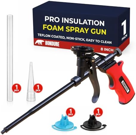 Pro Spray Foam Gun, (8 inch) PTFE (Teflon) Coated Non-Stick, Adjustable Flow Control Dial, Ergonomic Handle, Universal Screw Top Can Adapter, Long Reach Barrel, Includes Nozzle Set by bondure