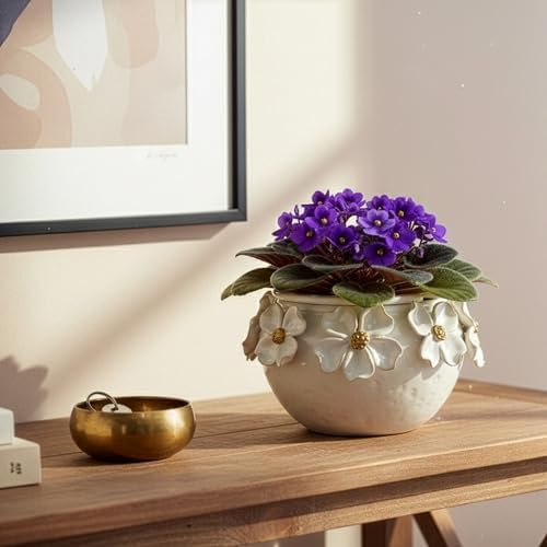 HERDUK 7.5” Ceramic Self Watering African Violet Planter with Hand-Sculpted petalsl Design – Durable Indoor Plant Pot for Orchids, Succulents, and Houseplants - Image 5
