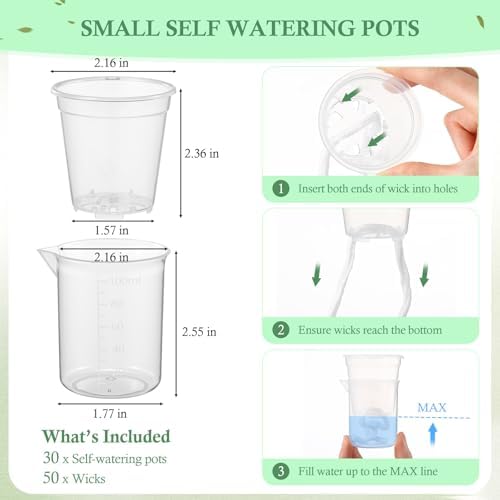 30 Pcak 2.2'' Small Self Watering Planters for Indoor Plants Mini Clear Pots with Water Level Indicator Plastic Automatic-Watering Pot with Drainage Holes for Semi-hydroponic African Violet - Image 3