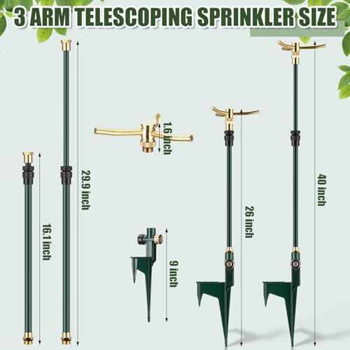 Funnymoom 2 Pack 3-arm Rotating Telescoping Sprinkler 360 Degree Swivel Garden Sprinkler High Rise Lawn with Step Base up to 41.7 Inch for Large Area Coverage (Green) - Image 2