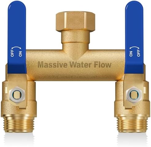 Hose Splitter 2 Way Heavy Duty, Full Flow Garden Hose Splitter with 2 Long Metal Handles, Brass Rust and Freeze Resistant Water Hose Bib Splitter, T Adapter Connector with 3/4 - Inch GHT Thread（Blue） by Lnezcdb
