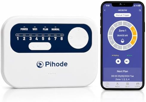 8 Zone Smart Sprinkler Controller, WiFi Irrigation Timer with App Remote Control, Weather-Based Automatic Watering, Customizable Schedules & Seasonal Adjustment for Lawn and Garden by Pihode