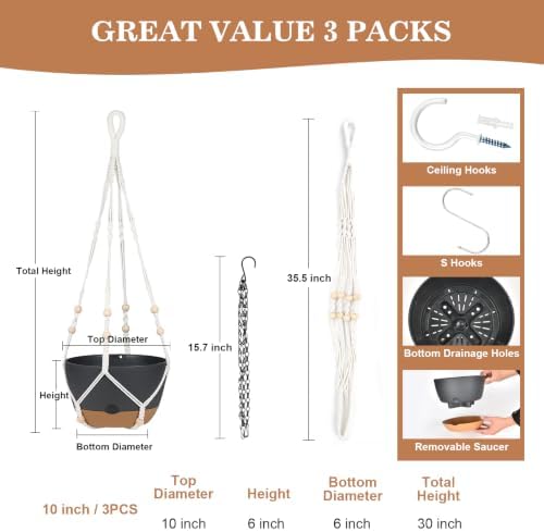 3 Pack Hanging Planters Set, 10inch Self-Watering Hanging Plant Pot, Macrame Plant Hanger with Pot, Chains, S & Ceiling Hooks, Removable Saucer and Drainage Holes for Indoor, Outdoor Plants - Black - Image 5