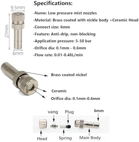 50 Pack Low Pressure Brass Misting Nozzles, Anti Drip Fogging Spray Head, Cleanable Water Mist Sprayers 6mm Mist Nozzle Dust Control(Size:Orifice 0.4mm,Color:Brass Color, .) - Image 2