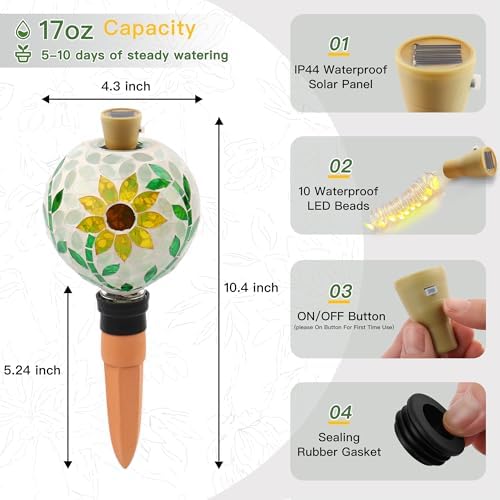 VOREEN Mosaic Plant Watering Globe with Terracotta Spike,Self-Watering Irrigation for Potted Plants,Sunflower-Inspired Mosaic with Solar Accent Light, Indoor & Outdoor Décor, 17oz - Image 4