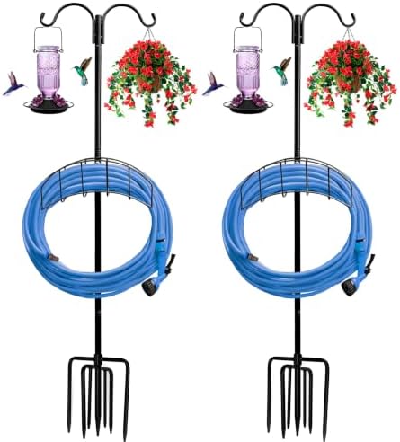 Garden Hose Holder 2 Pack with 7 Prong Base and Dual Shepherd Hooks by Rexwnadu