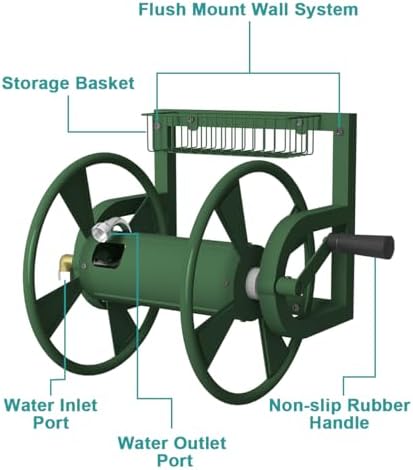 Artigarden Garden Wall Mounted Hose Reel, Outdoor Heavy-Duty Water Hose Holder Winder, Holds 125 Feet of 5/8-Inch Hose, with 3.9 ft Leader Hose, Water Fitting and Storage Basket for Yard, Green - Image 5