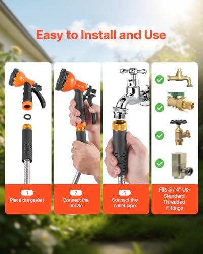 VEVOR Garden Hose Metal 100FT – Heavy Duty Stainless Steel Water Hose, Flexible, No Kink & Tangle, Puncture Resistant & Rust Proof, Lightweight w/ 10-Function Spray Nozzle for Yard, Outdoor, Gardening - Image 6