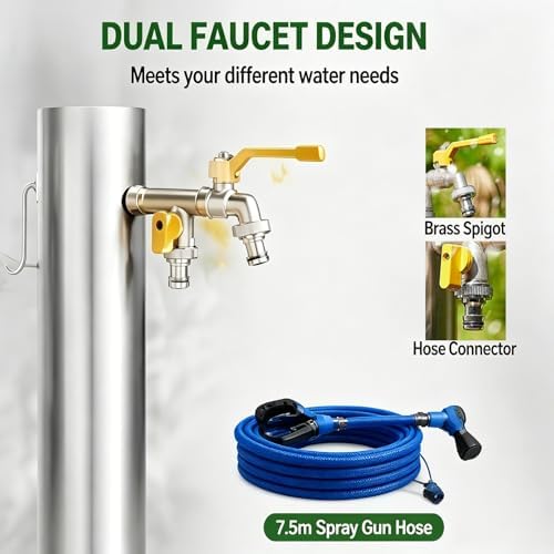 Stainless Steel Outdoor Water Column with Double Faucet, Freestanding Garden Water Column for Hose Connection, Outdoor Vertical Garden Water Column with Hose Holder for Patio, Irrigation - Image 3