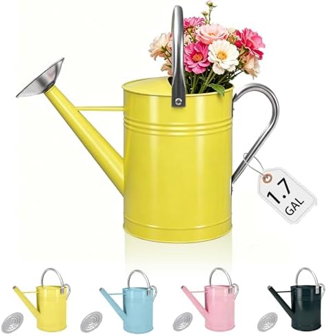 1.7 Gallon Yellow Decorative Countryside Style Water Can with Removable Spout, Metal Watering Can for Garden Flower, Galvanized Watering Can for Outdoor Indoor Plants by LONGRUNHOME