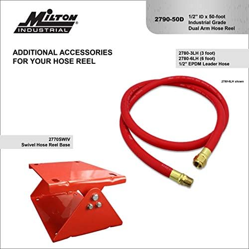 MILTON Industrial Hose Reel 2790-50D, Auto Retractable, Chemical Resistant, Prevent Cracking, Flexible in Extreme Conditions,1/2” Hose ID, 50 Foot Rubber Hose, 300 PSI Max Pressure,1/2" Male NPT, Red - Image 6