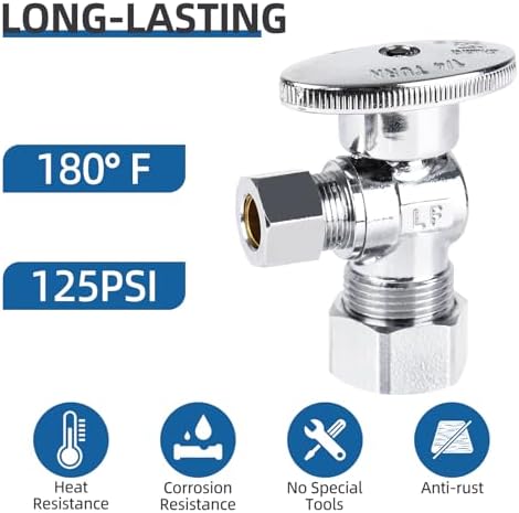 BH Angle Stop Valve 1/2" Nominal Compression x 3/8" OD, 1/4-Turn Shut Off Valve,Chrome Plated Brass, for Bathroom Toilet Kitchen Shower Plumbing(4 Pack) - Image 2