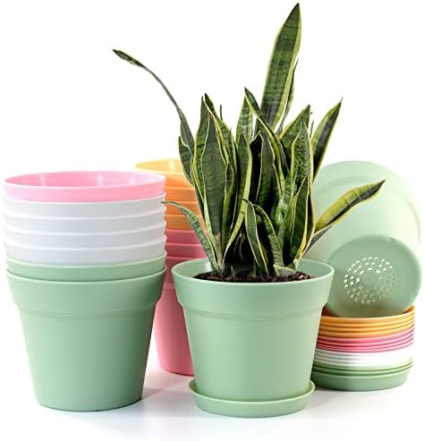 WOUSIWER 16 Pack 6 inch Plastic Planters, Indoor Flower Pots, Heavy Duty and Stylish 6 Inch Plant Pots for Indoor Plants with Drainage Holes and Tray for Plants, Flowers, Colorful - Image 2