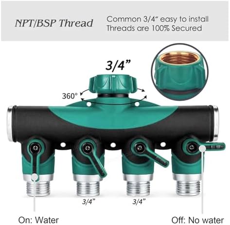Heavy Duty Metal 4 Way 3/4'' Thread Faucet Splitters with Outdoor Water Tap Connectors Shut Off Valves for Garden Hose Adapter(BSP-1PCS) - Image 5