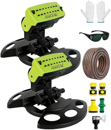 2026 Upgraded 16-Nozzle Oscillating Sprinkler with Dual-Zone Sprinkler Water Timer Heavy Duty Yard Irrigation Adjustable Rotating Lawn Coverage Tool for Outdoor Plants Automatic(2PCS Green) by Unknown