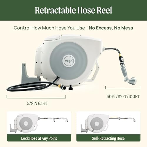 Vego Garden Hose Reel Retractable Hi-Flow Wall Mounted Hose Reel Automatic Rewind, Any Length Lock with 9 Patterns Sprayer Nozzle, Quick Connector and Adjustable shot Nozzle (Tidepool Blue, 100ft) - Image 4
