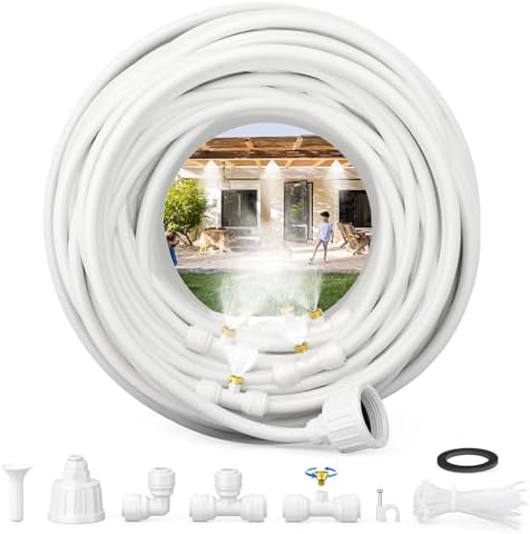 Misting Systems White, Outside Patio Misters, 100FT Misting Cooling System+30 Brass Mister System+2 PE Antioxidant Adapters 3/4"+2 Tee Adapters+2 90 Degree Elbows for Pasture&Garden&Gazebo (White) by MISSIGO