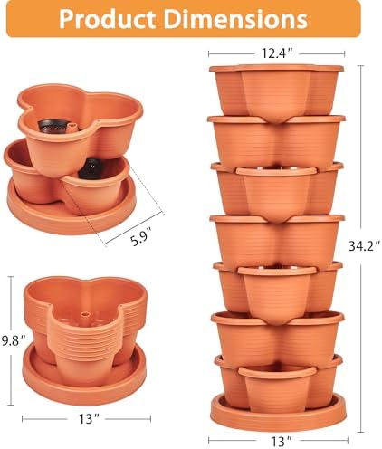 VECELO 7 Tier Vertical Garden Planter, Self Watering Stackable Planters with Wheels for Strawberries, Herbs, Flowers, Vegetables, Red - Image 2