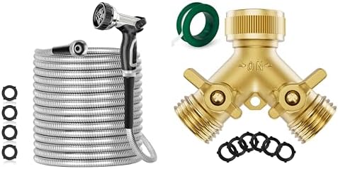 125ft 304 Stainless Steel Garden Hose+Heavy Duty Brass Garden Hose Splitter 2 Way by SPECILITE