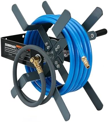 Manual Air Hose Reel with Hybrid Lead-in Hose, Heavy Duty Steel Wall Mount Hose Reel, Fits 100ft x 3/8" Hose, Hand Crank Hose Reel with 1/4" NPT 6-Ball Coupler, Brass Plug & Thread Seal Tape - Image 5