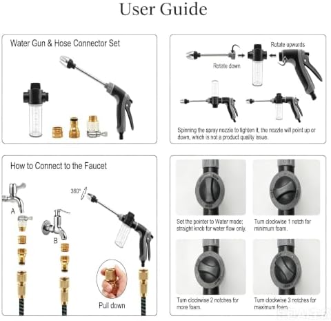 High Pressure Hose Nozzle with 4 Spray Modes, Adjustable Water Spray Gun, Metal Garden Hose Sprayer for Car Wash, Plant Watering, Patio & Outdoor Cleaning (Sprayer Kit with 3 Connectors & Foam Cannon) - Image 5