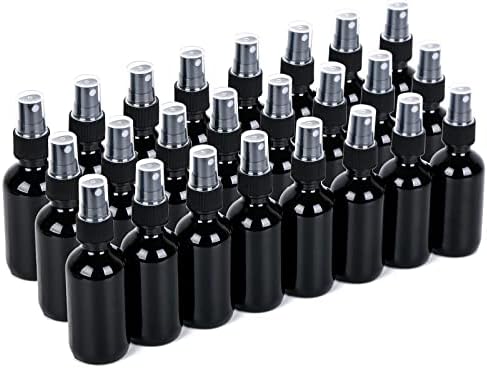 2oz Glass Spray Bottle, Fine Mist Boston Glass Bottles with Black Fine Mist Sprayer Small Clear Bottles for Essential Oils, Bath, Beauty, Hair & Cleaning, UV Black, Pack of 24 by YONKAN