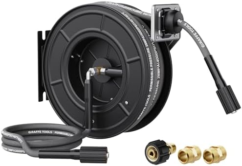 Giraffe Tools Pressure Washer Hose Reel 60ft, Power Washer Hose Reel, Pressure Washer Retractable Hose Reel, Heavy Duty, Wall/Floor Mounted, 4000 PSI, Dark Silver by GiraffeTools