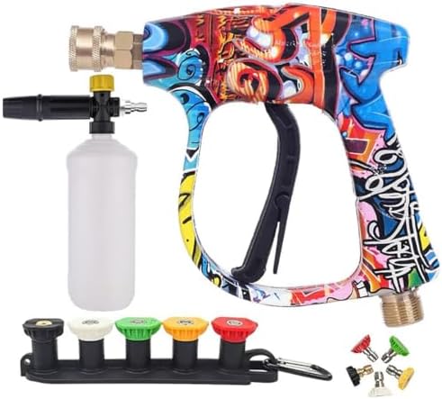 Graffiti High Pressure Water Sprayer Set, Pressure Washer Gun with 5 Spray Nozzles & Foam Pot, Quick Release Jets Wash Gun with 1/4 Inch Connector, 3000 PSI Max for Car, Patio by Unknown