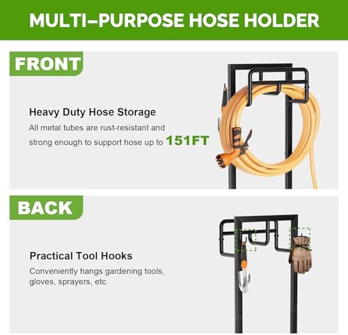 Garden Hose Holder with Stable Base and Tool Hooks, GAVISCITY Heavy-Duty Metal Hose Hanger Garden Hose Storage Holds 151Ft Hose, Rustproof Freestanding Water Hose Holder for Outside, Yard, Lawn, Black - Image 5
