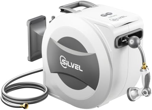 Silvel Automatic Retractable Garden Hose Reel, 1/2" x 110ft Wall Mount, 12V 2.5Ah Battery Powered & Button-type Length Control,Heavy Duty Hose Reel with 10 Pattern Nozzle, Upgraded UV Resistant by SILVEL