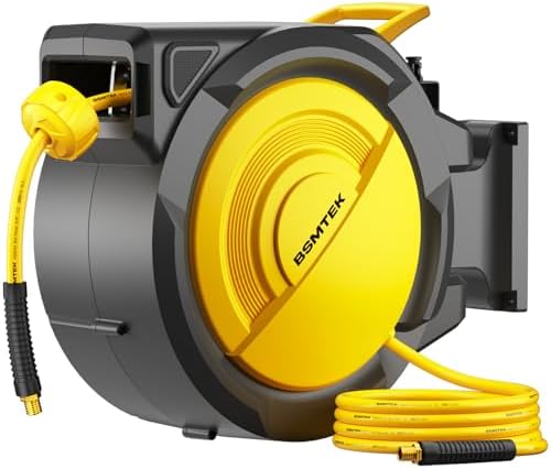 120FT+6.5FT Retractable Air Hose Reel, 5/16" Hybrid Air Hose, Air Compressor Hose Reel with Max 300 PSI Patented Design, Wall Mount Pneumatic Hose Reel for Garage Workshop, 180°Automatic Rewind by BSMTEK