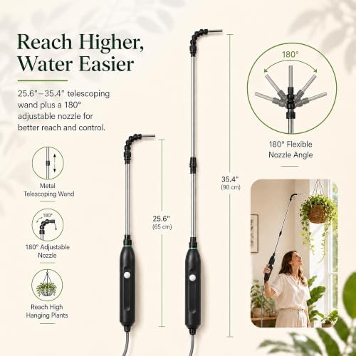 High Reach Plant Waterer for Indoor Plants, Electric Hanging Plant Waterer with 25.6"–35.4" Telescoping Watering Wand, 2000mAh Rechargeable Indoor Plant Watering Device with 6.8 ft Hose & Spray Nozzle - Image 2