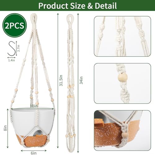 GARDIFE 10 Inch Hanging Planters with Macrame Plant Hanger for Indoor and Outdoor Plants, 2 Pack Large Self Watering Hanging Plant Pot with Basket Flower Pot with Drainage Hole, White - Image 2