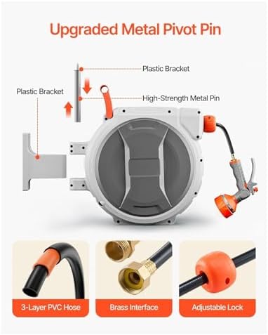 Garden Hose Reel Retractable, 65ft 1/2 Inch Wall Mounted Hose Reel w/ 9 Pattern Nozzle - Image 7